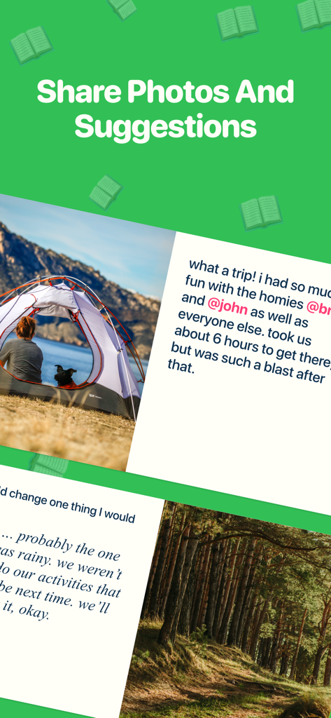 Bucket List - The Bucket App - Interface of the Bucket List app showcasing shared trip photos and suggestions in a storybook format