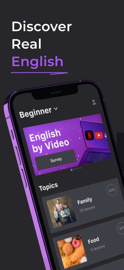 Fluent by Audio & Podcast - Fluent app interface on a smartphone showing beginner English topics and video learning lessons