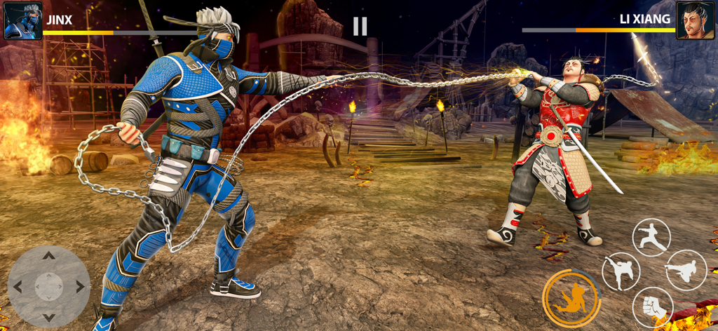 Ninja Games : Shadow Legends - Un personaje ninja llamado Jinx usando un arma de cadena contra el oponente Li Xiang en una arena exterior
