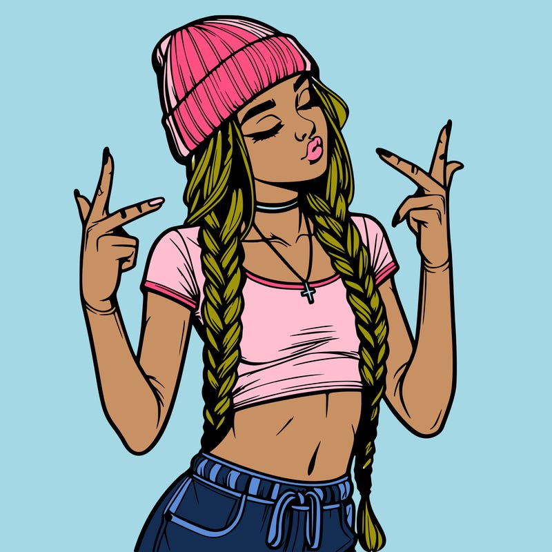 realistic teenage girl with braids and a beanie and crop top doing 🫶🏼
