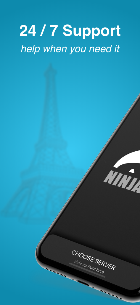 Ninja VPN app interface showing 24/7 support and server selection option with Eiffel Tower background