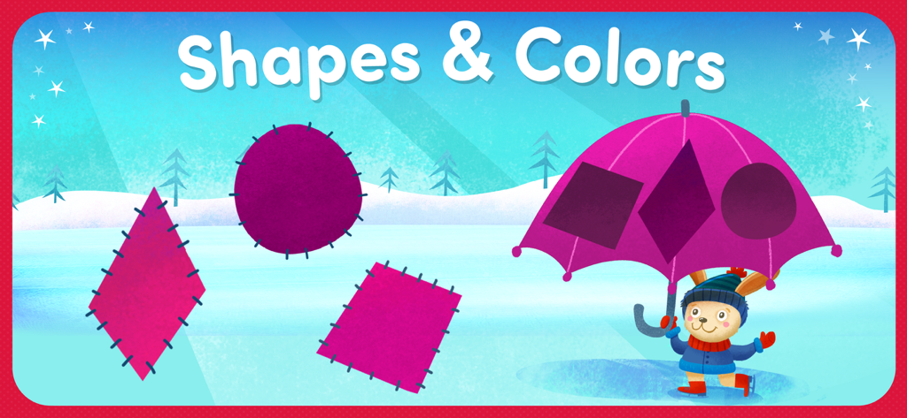 Educational screen showing a pink umbrella with shape silhouettes and a cute bunny character for matching games