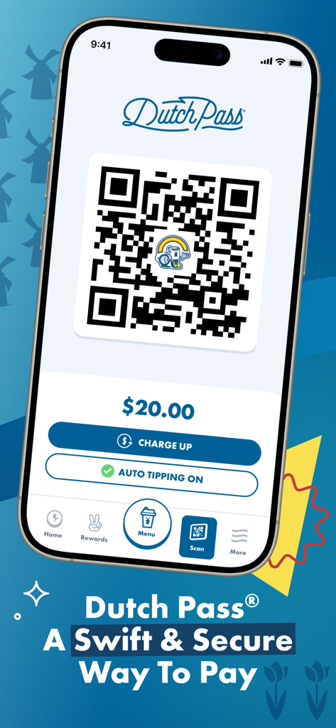 Ein Smartphone, das den Dutch Bros App Dutch Pass-Zahlungsbildschirm mit einem QR-Code und Kontostand anzeigt.