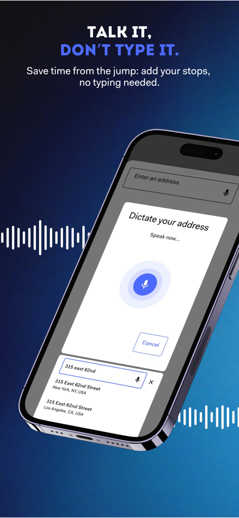 Laskar Route Planner - Laskar Route Planner app showing the voice dictation feature to add delivery addresses without typing.