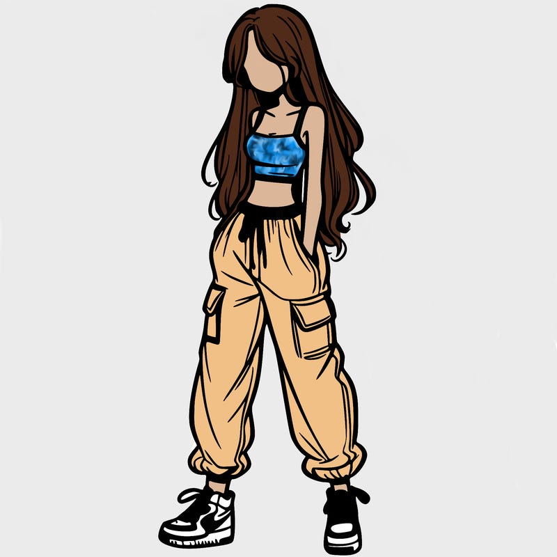 girl in baggy pants crop top and long hair
