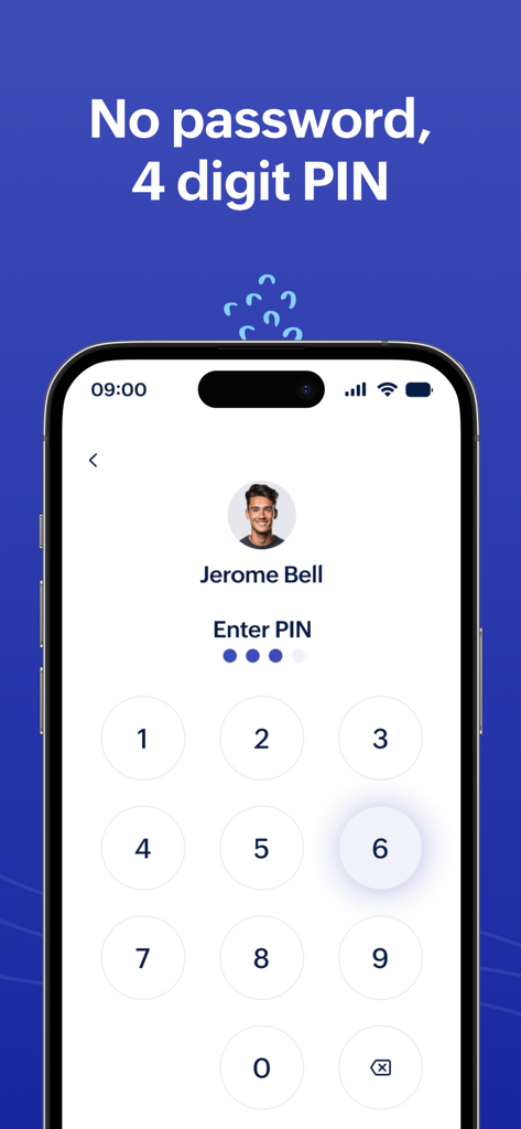 Employee login screen for Zoho Shifts Kiosk featuring a simple 4 digit PIN entry interface