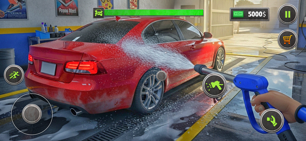 Car Repair Mechanic Simulator에서 빨간 차에 고압 세척하는 모습