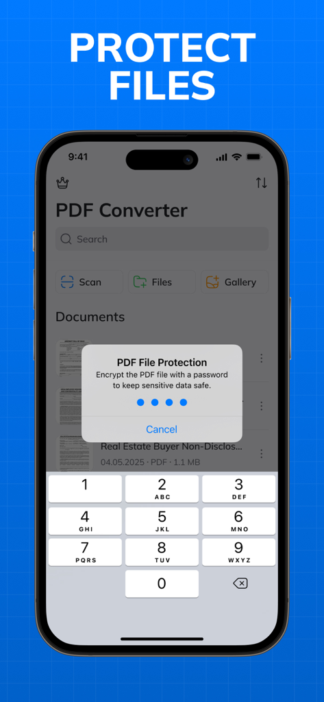 JPEG & Image To PDF Converter - Smartphone screen showing the password encryption feature to protect PDF files.