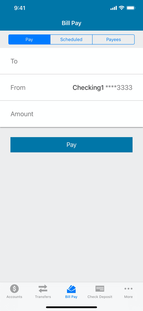 Bill Pay screen of the EECU Mobile Banking app showing payment fields and account selection
