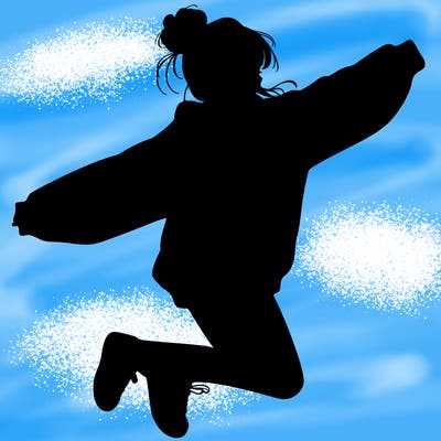 realistic girl jumping with a bun and oversized sweatshirt