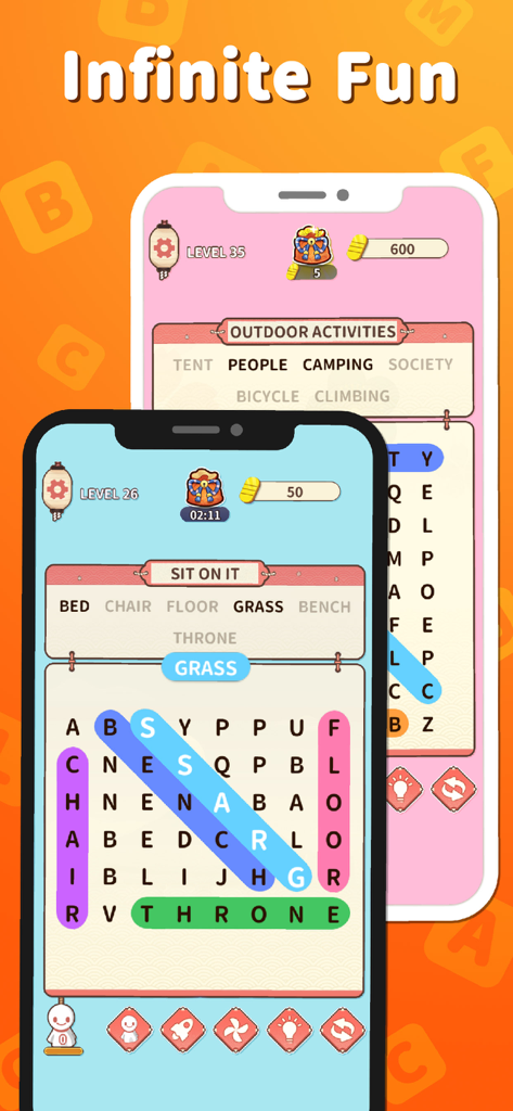 Ring of Words - Search Games - Two mobile phones showing levels of the Ring of Words word search game with colorful highlighted words and a clean interface.