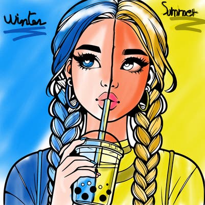 realistic girl with braided hair drinking boba