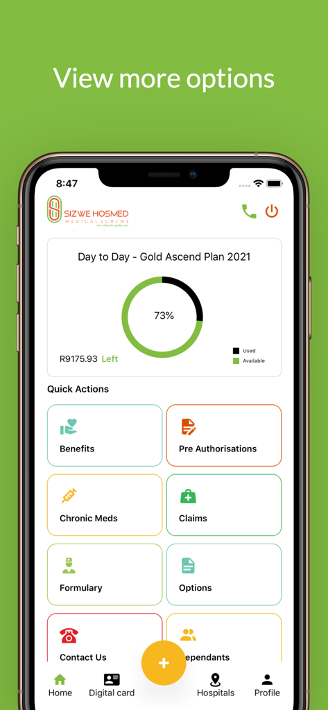 Interface of the Sizwe Hosmed medical scheme app showing plan usage and quick action buttons