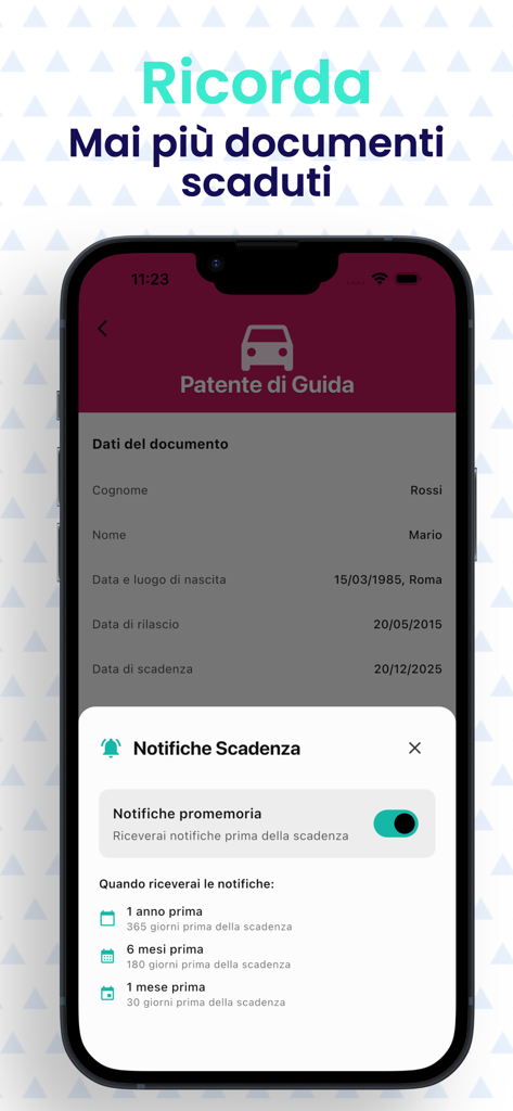Mobile app screen showing expiration notification settings for a digital driver license in the Cartesio app.