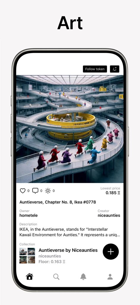A mobile app screenshot of Deca Art showing a digital artwork from the Auntieverse collection.