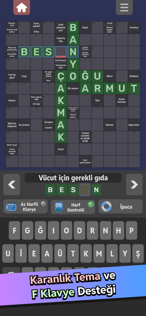 Çengel Bulmaca - Günlük - Schermata di gioco di un cruciverba turco che mostra un tema scuro e un layout di tastiera F.