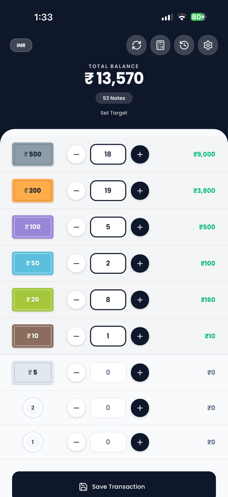 Money Counter app dashboard showing cash denominations and total balance calculation
