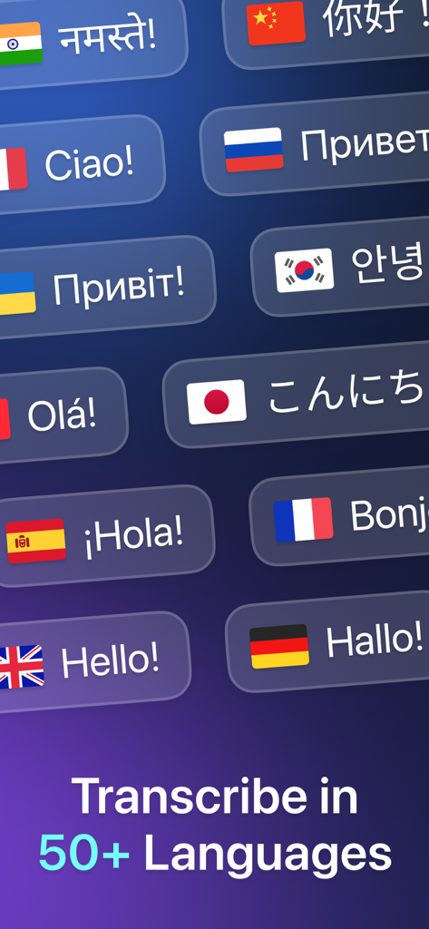 AI Transcribe: Voice to Text ⋆ - App screenshot highlighting transcription support for over fifty languages with international flag icons