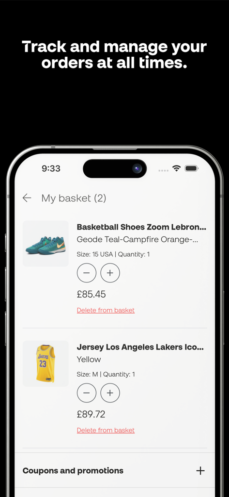 Basketball Emotion - Basketball Emotionアプリのショッピングバスケット画面、バスケットボールシューズとジャージを表示。