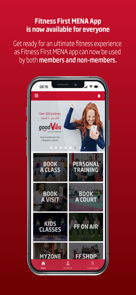 Fitness First MENA app home screen featuring options for booking classes personal training and on demand workouts