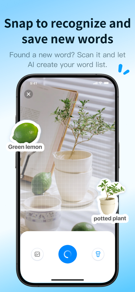 Lingtas – Real World English. - A smartphone showing the Lingtas app using AI to identify objects like a green lemon and a potted plant to build a personalized vocabulary list.
