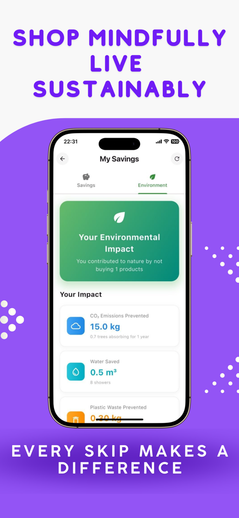 Why Buy: Stop Impulse Buying - Why Buyアプリのインターフェース。防止されたCO2排出量や節約された水などの環境貯蓄を表示します。