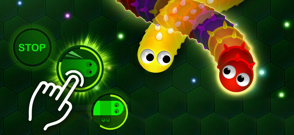 Wormax.io - Gameplay von Wormax.io zeigt eine Hand, die einen Button für eine aktive Fähigkeit neben bunten Würmern antippt