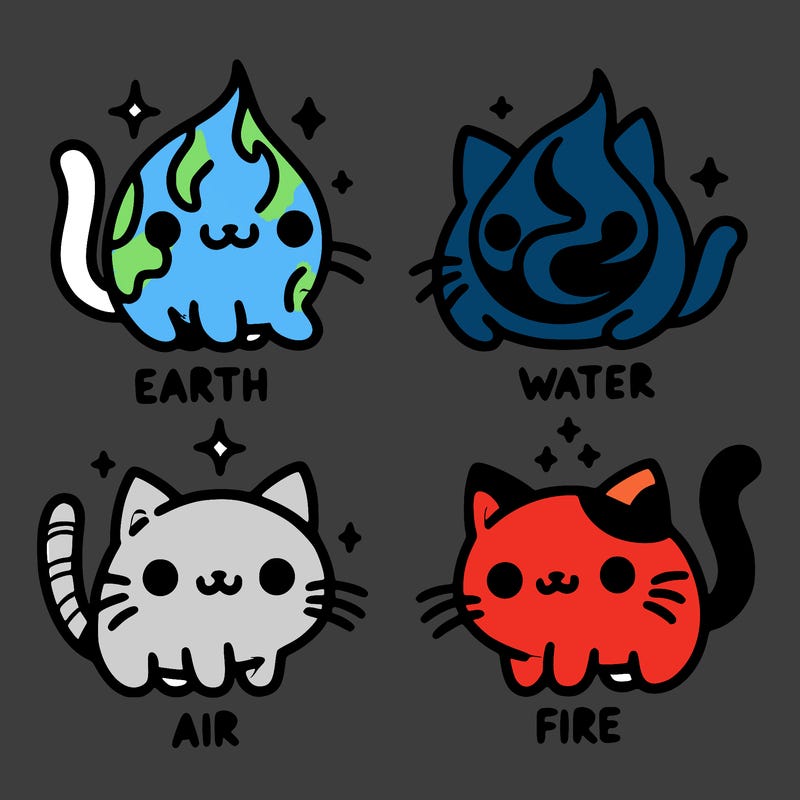 4 cats that represent the different elements, earth, water, air, and fire