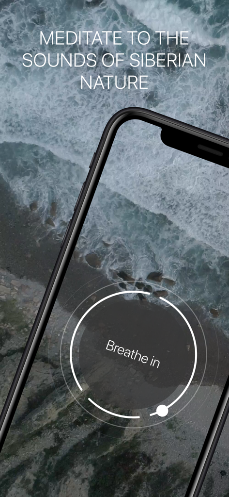 iPhone showing a breathing exercise in the Siberian Breath app with a coastal nature background
