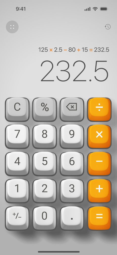 Basic Calculator with History - Simple 3D calculator interface showing a calculation process and result on iOS