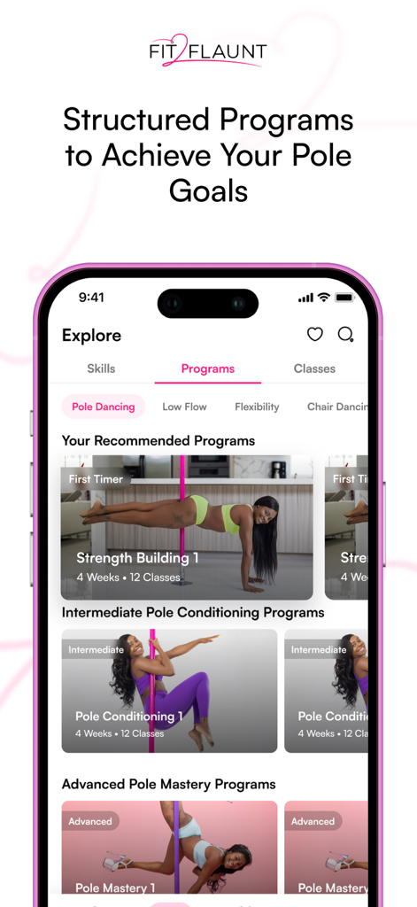 Fit-2-Flaunt - Fit-2-Flaunt app interface showing structured pole dancing programs for beginner to advanced levels