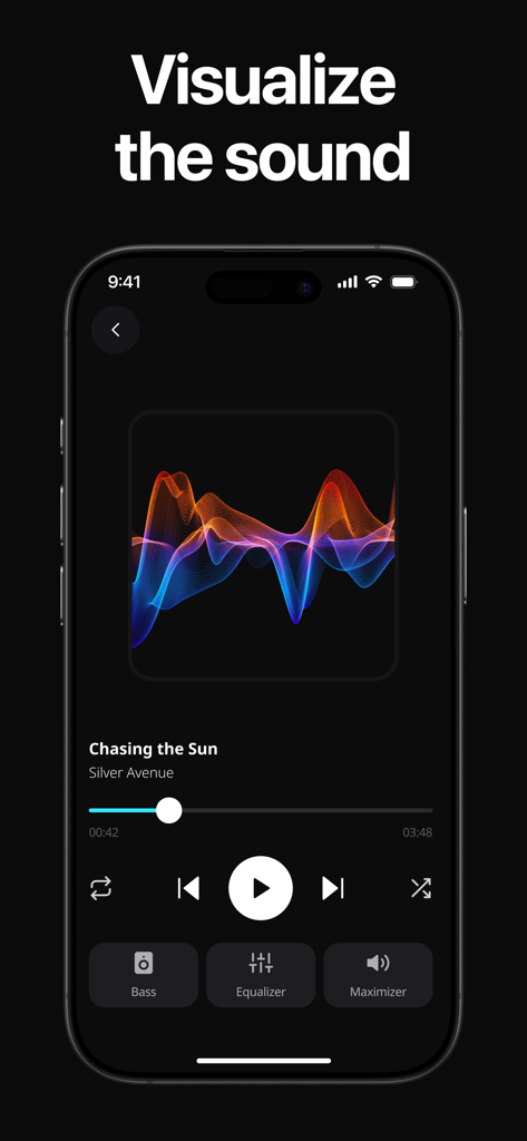 Une interface de lecteur de musique mobile montrant un visualiseur d'ondes sonores colorées avec des contrôles de basses et d'égaliseur.