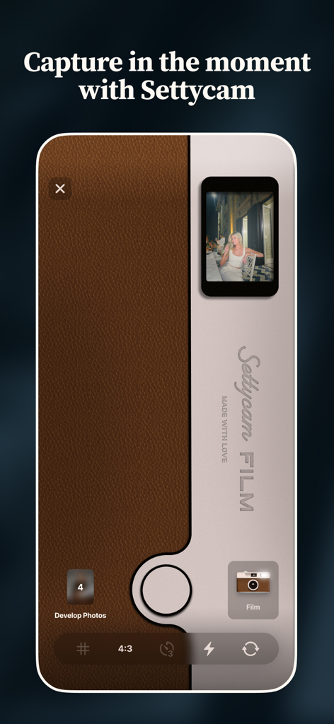 Setty: Photo Filters & Presets - Interface of the Settycam feature showing a vintage film camera design for capturing photos