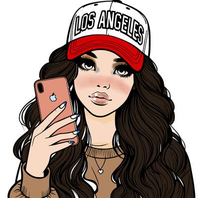 realistic beautiful girl wearing los ángeles cap holding an iphone