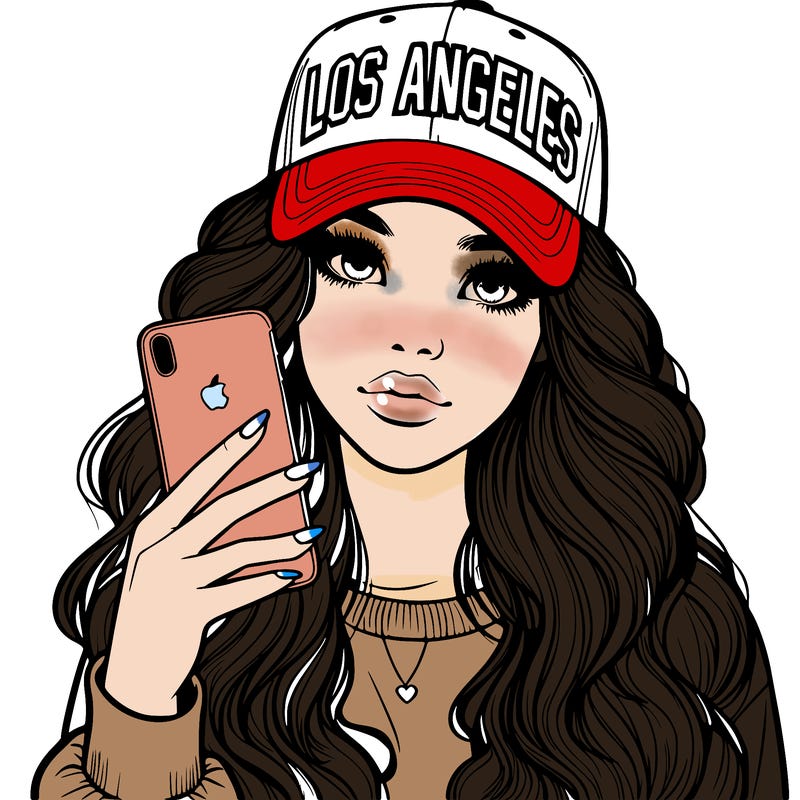 realistic beautiful girl wearing los ángeles cap holding an iphone