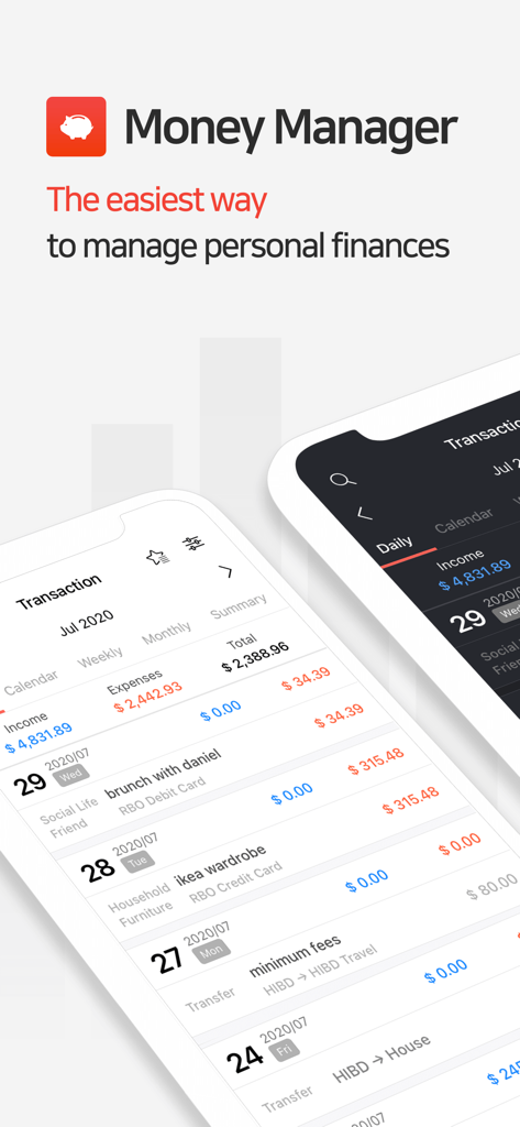 Two mobile screens displaying the Money Manager app transaction log in light and dark modes with daily expense tracking