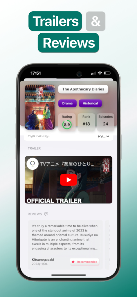 Anime Tracker: Anime List - Screenshot of Otracku app showing anime details trailer and user reviews for The Apothecary Diaries