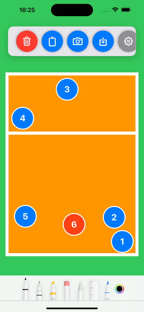 Tablero táctico digital de voleibol con posiciones de jugadores numeradas e instrumentos de dibujo