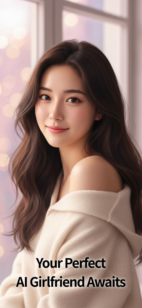 A realistic AI-generated woman with long brown hair smiling alongside text saying Your Perfect AI Girlfriend Awaits