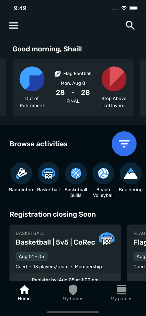 Fusion Play - Fusion Play app home screen showing intramural sports scores and activity categories