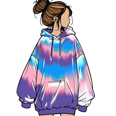 realistic girl with a oversized sweatshirt on and a bun