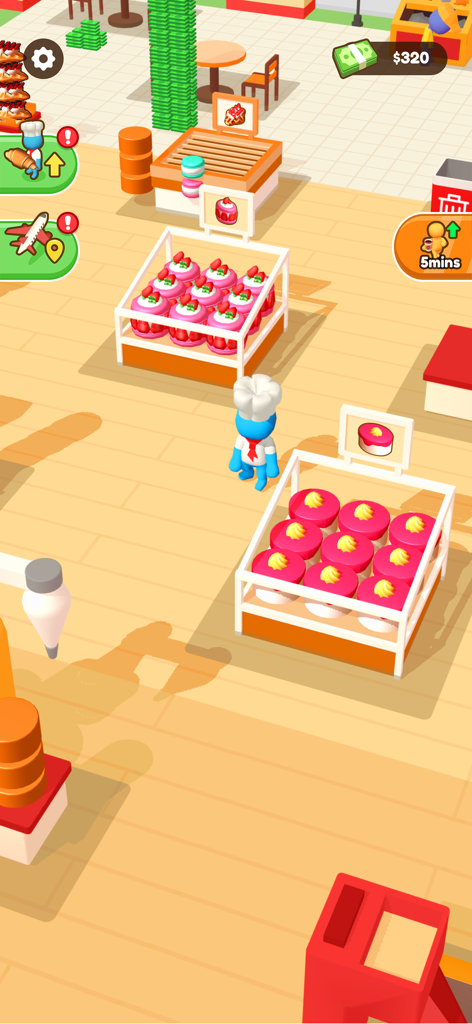 My Sweet Bakery! - A blue chef character standing in a bakery near cake displays and stacks of cash