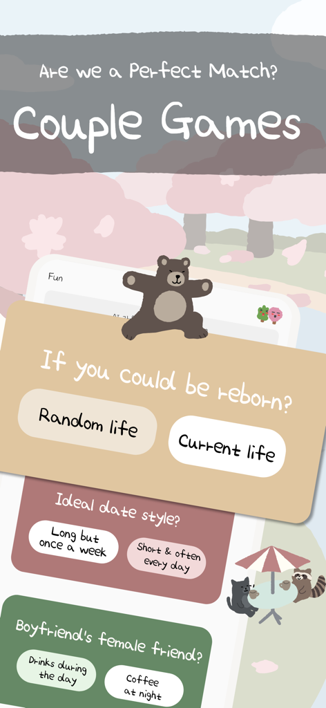 A screenshot of the Couple Tree app showing relationship games with interactive questions and cute animal illustrations in a pastel aesthetic.