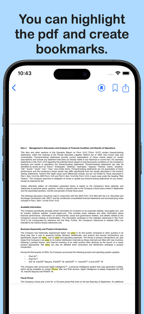 Pdf Text Search - 財務報告書にハイライトされたキーワードとブックマークオプションが表示されているPdf Text Searchアプリのスクリーンショット。