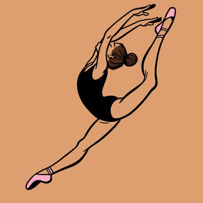 gymnast doing a leap in a leotard with a bent back leg