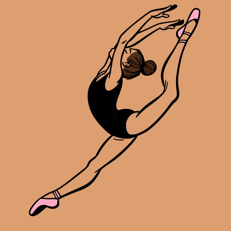 gymnast doing a leap in a leotard with a bent back leg