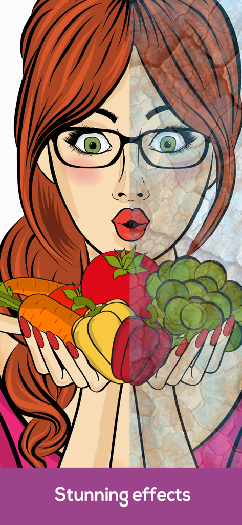 Coloring Book For Adults App ◌ - A split screen showing a colorful pop art illustration with and without a textured artistic effect