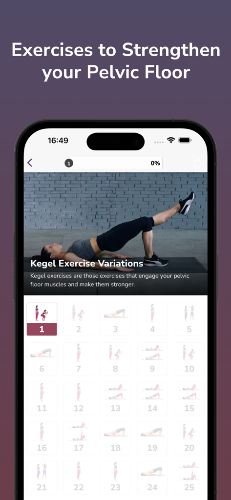 モバイルアプリの画面。女性がブリッジポーズを実演している骨盤底筋ケーゲル体操のバリエーションライブラリを表示。