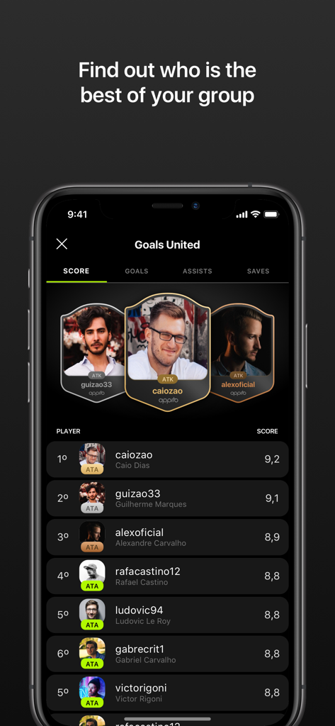 Mobile app screen showing a soccer player leaderboard with individual scores and digital player cards