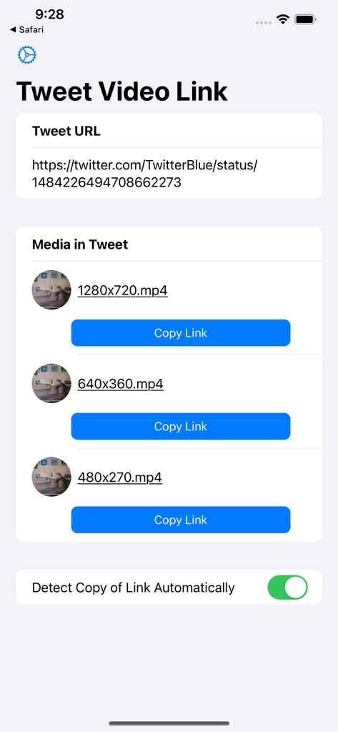 Interfaz de la app que muestra opciones de resolución de video y botones para copiar enlaces de un tweet